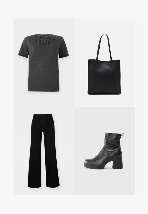 Gray short-sleeve t-shirt featuring a textured design with black embellishments on the chest. Made from soft fabric, casual fit.; Black wide-leg pants made of denim, featuring a structured waistband, belt loops, and front pockets. Smooth texture with a classic design.; Black ankle boots made of smooth leather, featuring a side zipper, chunky textured heel, and rounded toe design.; Black leather tote bag with smooth texture, rectangular shape, and two long handles. No visible hardware or embellishments.