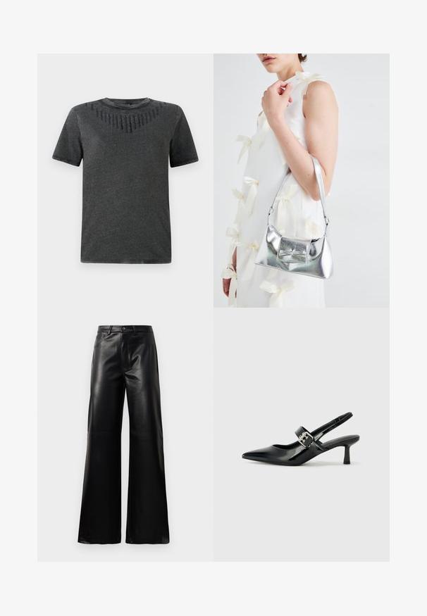 Harmaat lyhythihaiset t-paidat, joissa on teksturoitu muotoilu mustilla koristeilla rinnassa. Valmistettu pehmeästä kankaasta, rento istuvuus.; Mustat korkeat leveät keinonahkahousut, joissa on etupainike, vetoketjukiinnitys, vyölenkit ja sivutaskut valkoista taustaa vasten.; Musta patenttinaahkakengät, joissa on osoittava kärki ja pieni lohko korko, varustettuna hopeisella soljella hihnassa.; Harmaa metallinhohtoinen käsilaukku, jossa on jämäkkä muotoilu. Laukussa on yläkahva ja etuosassa kauniisti koristeena solmukkeen yksityiskohta. Pinnassa on sileä tekstuuri ja heijastava viimeistely.