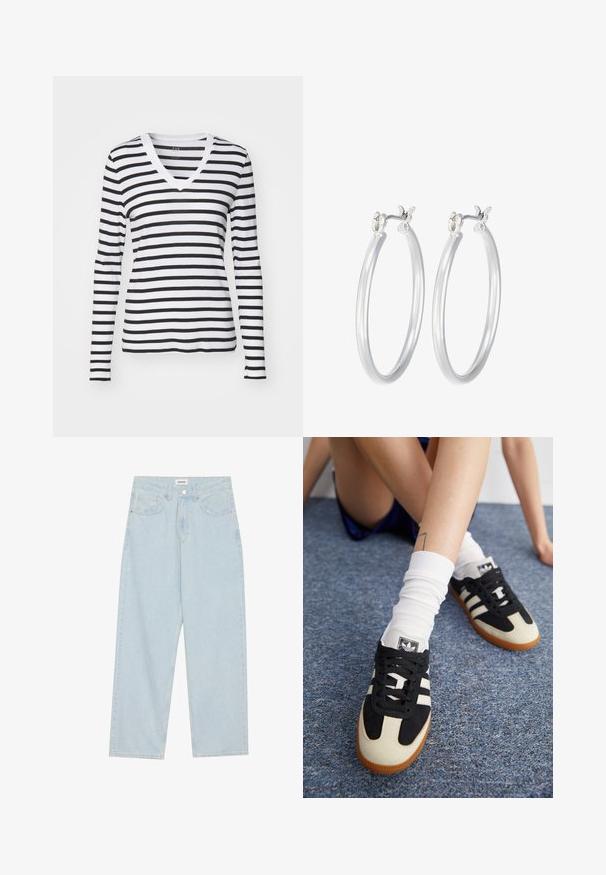Zwarte en witte horizontaal gestreepte T-shirt met lange mouwen en V-hals, gemaakt van zacht materiaal met een aansluitend ontwerp en contrasterende halslijn.; Lichtblauwe wijde spijkerbroek van denim, met een middellange taille, vijf zakken en een knoopsluiting met een slanke metalen accent.; Zwart-witte sportschoenen met een bovenwerk van suede en leer, voorzien van drie witte strepen en een gumrubberen zool. Paar gedragen met witte sokken.; Zilveren oorbellen in de vorm van een gladde, gepolijste ring. Ronde vorm met een veilige kliksluiting. Lichtgewicht ontwerp, geschikt voor dagelijks gebruik.