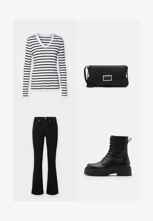Long-sleeve V-neck T-shirt in black and white horizontal stripes, made from soft fabric with a fitted design and contrasting neckline.; Black flared jeans made of denim, featuring a mid-rise waist, front pockets, and button closure. Smooth texture with minimal stitching details.; Black leather ankle boots with a round toe, lace-up front, and a thick rubber sole featuring a textured tread. Pull tab at the back.; Black leather clutch bag with a flap and a gold metal buckle detail. Includes a black strap and a sleek, minimalist design.