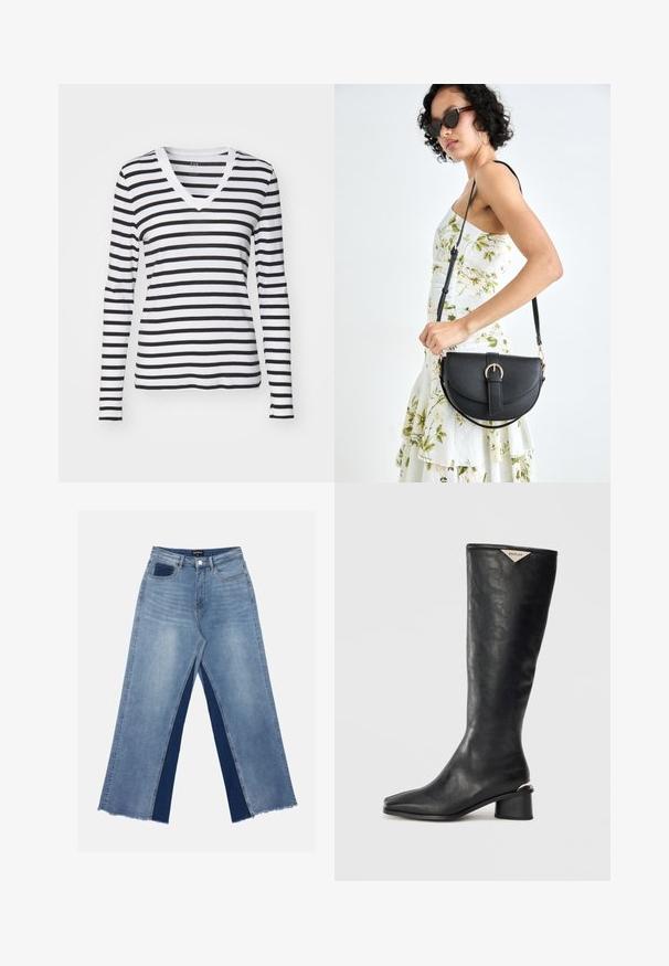 Juoda ir balta horizontaliomis juostelėmis ilgomis rankovėmis V formos marškinėliai, pagaminti iš minkštos medžiagos, su prigludusia forma ir kontrastinga iškirpte.; Šviesiai mėlynos plačiakančios džinsai su kontrastingais tamsiai mėlynais įdėklais, suplėšytais kraštais ir standartine liemeniu su metaliniu užsegimu.; Juodi iki kelių bokštai iš lygaus odos, su kvadratiniu pirštu ir vidutiniu bloku aukštu kulniuku, kuriame yra metalinis akcentas.; Juodas odinis krepšys su išlenkta forma, nuimamu dirželiu ir auksiniais detalėmis. Krepšys turi kilpą su sagtimi.