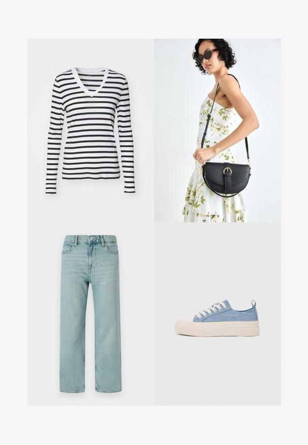 Duga majica s dugim rukavima u crno-bijelim horizontalnim prugama, napravljena od mekog materijala s tijesnim krojem i kontrastnim izrezom.; Svijetloplave široke traperice izrađene od denima, s klasičnim dizajnom s pet džepova, čistim linijama i regularnim pojasom s kopčanjem na gumb.; Svijetloplave platnene tenisice s kremastim gumenim vrhom i potplatom, koje imaju bijele vezice i petnu traku.; Crna kožna torba s lukovitim oblikom, odvojivim remenom i zlatnim detaljima. Torba ima preklop s kopčom.