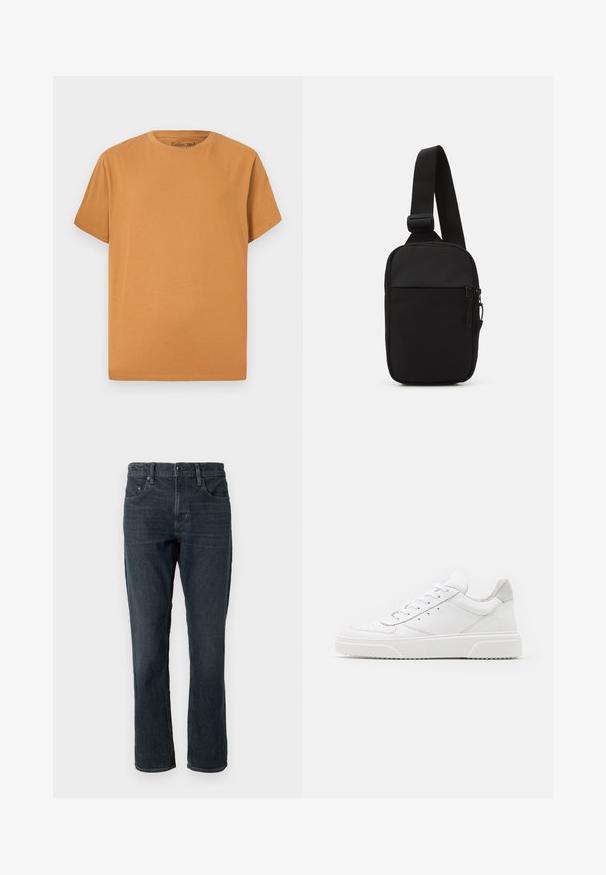 Lühikeste varrukatega t-särk ühtlaselt helebrae värviga, valmistatud pehmest puuvillast. Omab klassikalist ringkaelust ja lõdva lõikega disaini.; Tumedat sinised teksad sirge lõikega, viie taskuga disain ja nööbiga kinnitamine. Omab kerget kulumist ja kontrastset õmblust.; Valged nahast spordijalatsid siledast nahast viimistlusega, ümarate varvastega, lamekestega ja tekstuuriga tallaga. Hall suede aktsent kanna juures.; Mustmust crossbody kott mustekangast, millel on üks reguleeritav rihm, lukuga põhiosas ja eesmine tasku.