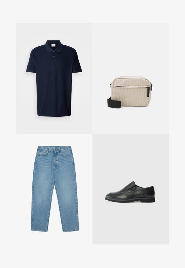 Námořnická modrá polo košile vyrobená z bavlny. Má klasický límeček, dvoutlačítkový zapínání, krátké rukávy a malé logo na hrudi.; Světle modré džíny s širokými nohavicemi a vysokým pasem, které mají pět kapes, poutka na opasek a měkkou, mírně vybledlou strukturu.; Černá kožená nazouvací bota s hladkým svrškem, prošívanými detaily, zaoblenou špičkou a nízkým gumovým podpatkem. Podešev má minimální vzorek.; Krémová kordurolová crossbody taška s černým zipem, odnímatelným popruhem a texturovaným vzorem. Má jednu hlavní přihrádku a přední kapsu.