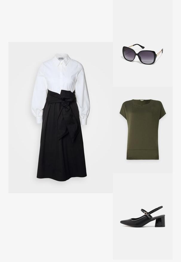 Olive green short-sleeve top with a rounded neckline and a straight hem. Made of soft, smooth fabric with a clean, simple design.; White button-up top with long puff sleeves, paired with a black skirt and fabric belt tied at the waist, made from smooth cotton material.; Black patent leather slingback heels with a pointed toe, a rounded cutout design, and a block heel. Features a gold-tone buckle accent.; Black oversized sunglasses with gradient lenses, thick frames, and gold-tone chain detailing on the temple arms.; Black handbag with structured shape, smooth texture, and a metallic clasp. Paired with wide black pants and open-toe sandals on wooden floor.