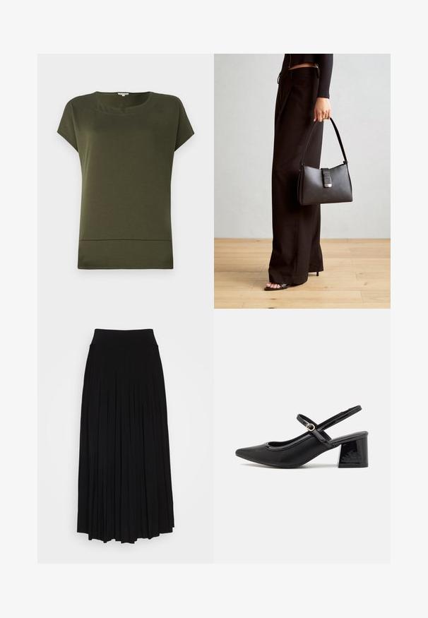Olīvu zaļš īsu piedurkņu tops ar noapaļotu apkakli un taisnu apakšdaļu. Izgatavots no mīkstas, gludas auduma ar tīru, vienkāršu dizainu.; Melna plisētā svārku ar augstu, izstiepjamu jostasvietu. Izgatavoti no mīksta auduma, ar vertikālām plisēm, kas rada plūstošu siluetu.; Melns patentēts ādas sandales ar norādīta pirksta formu, noapaļotu izgriezuma dizainu un bloķētu papēdi. Iezīmēta ar zelta toņa sprādzi.; Melnā somiņa ar strukturētu formu, gludu tekstūru un metālu sprādzi. Saskaņota ar platām melnām biksēm un sandālēm ar atvērtu purngalu uz koka grīdas.