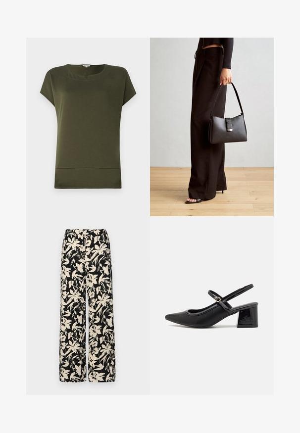 Olivově zelený top s krátkým rukávem, s kulatým výstřihem a rovním lemem. Vyroben z měkké, hladké látky s čistým, jednoduchým designem.; Černé kalhoty s širokými nohavicemi a krémovým květinovým vzorem. Vyrobené z lehké tkaniny, s hladkým povrchem a vysokým pasem.; Černé lakované lodičky s otevřenou patou, špičatou špičkou, zaobleným střihem a blokovým podpatkem. Zdobené akcentem v zlatém tónu.; Černá kabelka se strukturovaným tvarem, hladkým povrchem a kovovým uzávěrem. Kombinována s širokými černými kalhotami a sandály s otevřenou špičkou na dřevěné podlaze.