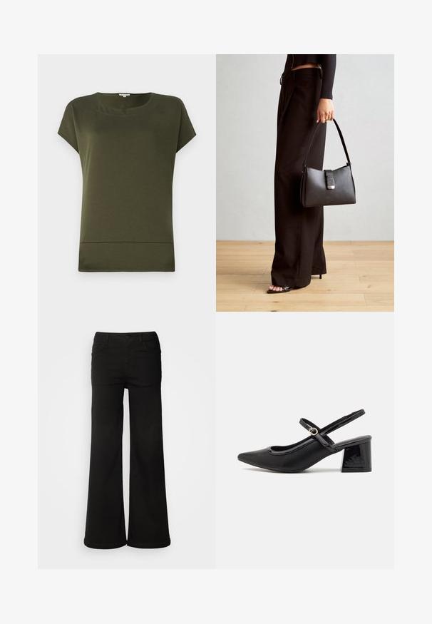 Olivengrøn kortærmet bluse med rund hals og lige kant. Fremstillet af blødt, glat stof med et rent, enkelt design.; Sorte brede bukser lavet af denimstof, med frontlommer, knaplukning og en glat tekstur med en ren finish.; Sorte patentlæder slingback hæle med spids tå, rund udskæring og blokhæl. Har en guldtonet spændeaccents.; Sort håndtaske med struktureret form, glat overflade og metalspænde. Sammen med brede sorte bukser og sandaler med åben tå på trægulv.