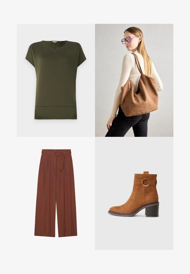 Oliven grønn kortermet topp med rund hals og rett fald. Laget av myk, glatt stoff med et rent, enkelt design.; Bredde bukser i brunt stoff, med belte med firkantet spenne, plisserte design og myk tekstur.; Brune semsket ankelstøvler med rund tå, blokkeels og en dekorativ rem med en cirkulær spænde detalje.; Brun semsketotebag med myk tekstur, stor åpning og lange stropper. Har et enkelt design med synlig søm og uten maskinvare.
