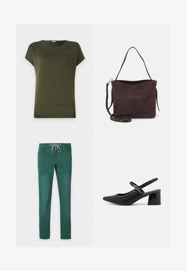 Top scurt cu manșă scurtă de culoare verde măslină, cu decolteu rotund și tiv drept. Fabricat dintr-un material moale, neted, cu un design curat și simplu.; Pantaloni verzi din amestec de bumbac cu un design drept, talie cu șnur și două buzunare frontale. Textură netedă și fără modele.; Cizme cu toc slingback din piele sintetică lacuită neagră, cu vârful ascuțit, un design cu decupaj rotunjit și toc bloc. Include un accent cu cataramă de culoare aurie.; Geantă tote din suede maro, cu o textură moale, având un singur mânere pentru umăr și o deschidere superioară subtil curbată. Fără detalii hardware vizibile.