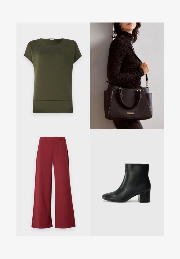 Olive green short-sleeve top with a rounded neckline and a straight hem. Made of soft, smooth fabric with a clean, simple design.; Wide-leg trousers in a deep burgundy color. Made from a smooth, stretchy fabric with tailored seams and a front zip closure.; Black leather ankle boots with a pointed toe and a chunky heel. Smooth texture with minimal accents and a sleek, fitted design.; Black handbag with textured surface, dual top handles, and adjustable shoulder strap. Features gold-tone hardware and side pockets.