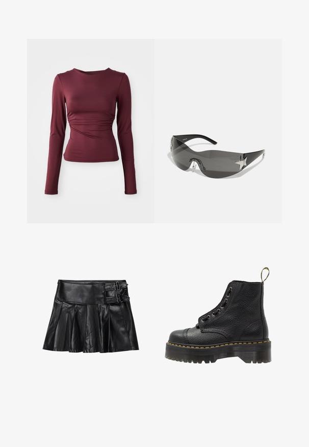 Burgundska dolga majica z dolgimi rokavi, izdelana iz raztegljive tkanine. Ima prilegajoč dizajn z nabranimi detajli v predelu pasu in širokim izrezy.; Črna usnjena krilo s gubami, širokim pasom in dvema zaponkama na strani. Gladka tekstura s sijajno obdelavo.; Črne usnjene gležnjarje z teksturirano površino, okroglo prsti, vezalkami, rumenim šivom in debelim, rebrastim črnim podplatom.; Črne sončne očala z ovijajočim dizajnom, temno obarvanimi lečami, sijočimi zvezdastimi detajli in nastavljivimi nosnimi blazinicami.; Set dvanajstih uhvorov v srebrnih in zlatih odtenkih. Vključuje zvite, gladke in teksturirane modele v različnih velikostih in končnih obdelavah.
