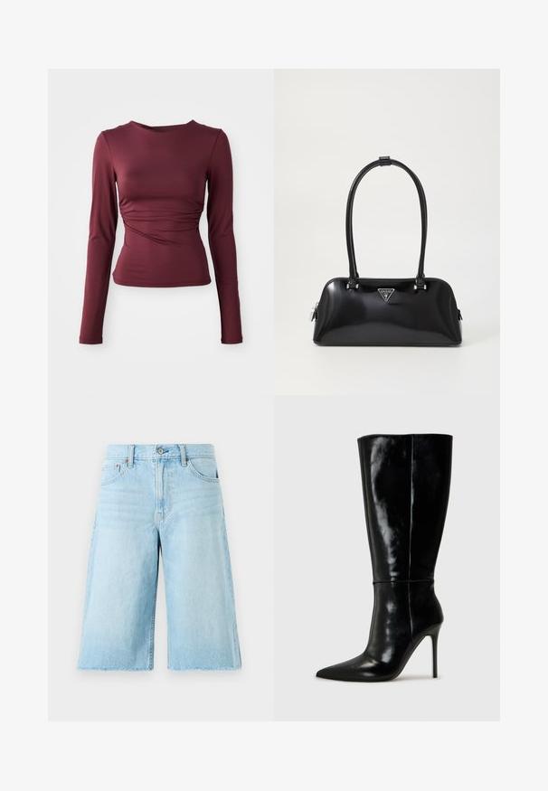 Burgundowa bluzka z długim rękawem wykonana z elastycznego materiału. Posiada dopasowany krój z marszczeniami w okolicy talii oraz dekolt w kształcie łódki.; Jasnoniebieskie dżinsowe szorty o luźnym kroju, strzępiony dół, pięć kieszeni i metalowe okucia. Klasyczny design dżinsów z delikatnym postarzeniem.; Czarne skórzane wysokie buty za kolano z ostro zakończonym noskiem i wysokim obcasem w kształcie szpilki. Gładka tekstura i smukły design, z minimalnymi detalami.; Czarna, błyszcząca torebka o zaokrąglonym kształcie, z dwoma uchwytami i przednią tabliczką logo. Zamek błyskawiczny oraz błyszczące akcenty metalowe.; Zestaw dwunastu kolczyków w kształcie kółek w odcieniach srebra i złota. Zawiera wzory skręcone, gładkie i fakturowane w różnych rozmiarach i wykończeniach.