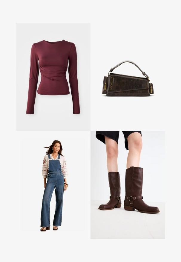 Bordó, hosszú ujjú felső, rugalmas anyagból készült. Feszes szabással rendelkezik, deréknál megmunkált részletekkel és kerek dekoltázzsal.; Denim overáll, hullámos mintával a mellrészen, trapéz lábakkal és oldalsó zsebekkel. Fehér hímzett blúzzal és fa kiegészítőkkel párosítva.; Barna bőr, térd feletti csizmák kerek orral, textúrázott felülettel, bokapánttal és ezüst hardware részletekkel; rétegezett sarokkal.; Barna bőr kézitáska geometrikus mintával, felső fogantyúval és sárgaréz cipzár díszítéssel. A logó a táska oldalán van bedomborítva.