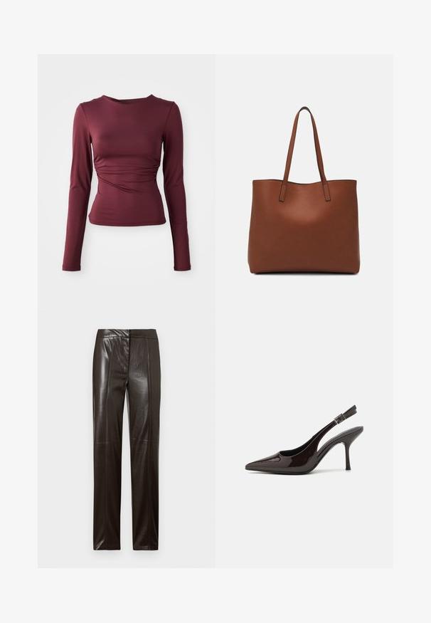 Burgunderfarget langermet topp laget av elastisk stoff. Den har en tettsittende design med rysjedetaljer i midjen og en dyp utringning.; Mørkebrune skinnbukser med strak benfasong, glattere overflate og diskret sømdetaljering langs fronten.; Slingback høyhælte sko i blankt mørkebrunt patentlær, spiss tå, åpne sider og justerbar ankelrem.; Brun lær tote veske med en jevn tekstur, åpen toppdesign og to skulderstropper. Har minimal søm og ingen synlige spiker.