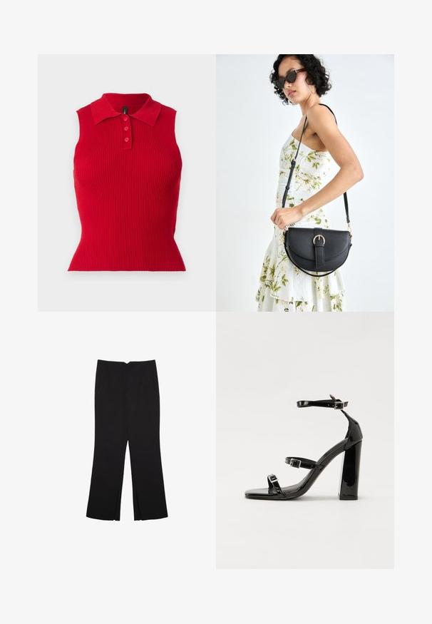 Červený bezrukávový strakatý polo top s klasickým límcem a tříknoflíkovou légou. Přiléhavý design s texturovanou tkaninou.; Černé kalhoty s rovným střihem, s předními kapsami a bočními rozparky na lemu. Vyrobené z jemné, hladké tkaniny. Vhodné na různé příležitosti.; Černé lakované sandály na podpatku se čtveratou špičkou, lýtkovými pásky a stříbrnými přezkami. Disponují masivním blokovým podpatkem pro stabilitu.; Černá kožená kabelka s křivkovým tvarem, odnímatelným popruhem a zlatými detaily. Kabelka má klopu s přezkou.