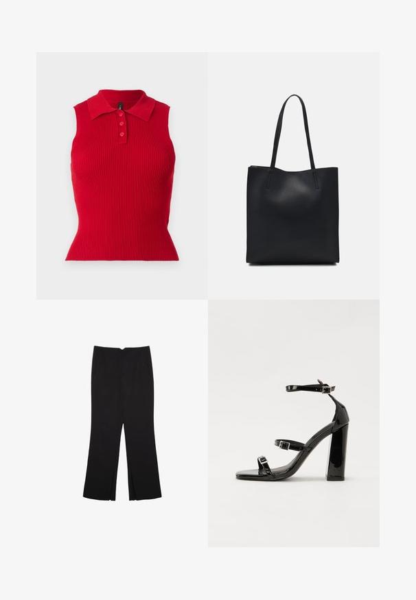Punainen hihaton ribbipaita, jossa on klassinen kaulus ja kolmonen napitus. Vartalonmyötäinen malli, jossa on teksturoitu kangas.; Mustat housut suoralinjaisella leikkauksella, joissa on etutaskut ja sivurei'ät helman alla. Valmistettu pehmeästä ja sileästä kankaasta. Sopii eri tilaisuuksiin.; Musta kiiltävä korkokenkä sandaalit neliönmuotoisella varpaalla, nilkkaremmillä ja hopeisilla soljilla. Varustettu tukevalla lohkokorkealla vakauden takaamiseksi.; Mustapahkainen kangaskassi, jossa on sileä pinta, suorakaiteen muotoinen ja kaksi pitkää kahvaa. Ei näkyvää metalliosaa tai koristeita.