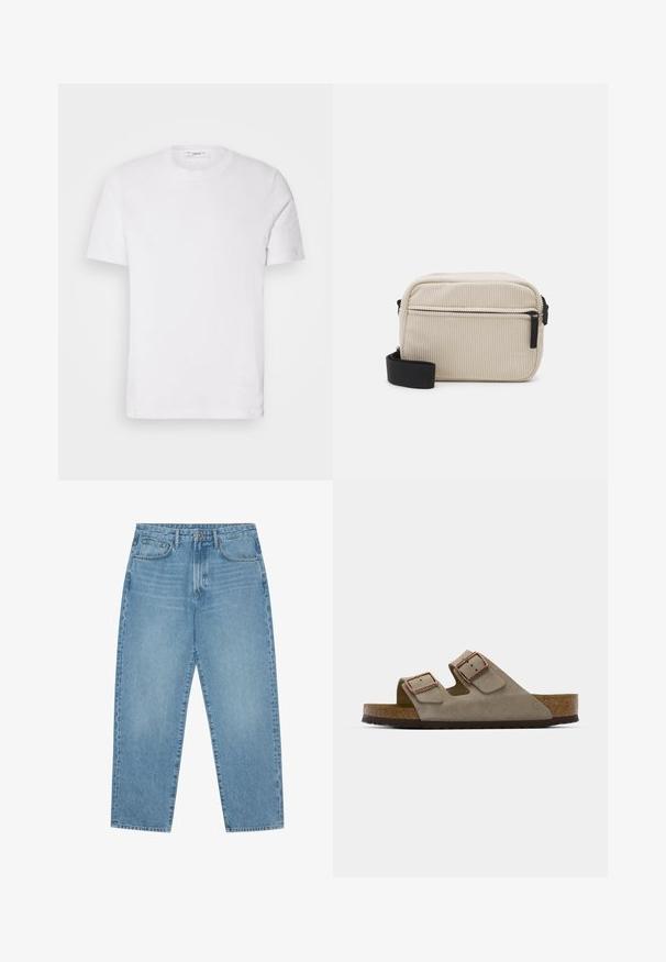 Hvid bomulds T-shirt med rund halsudskæring og korte ærmer. Har et diskret brandlogo på fronten, glat tekstur og klassisk pasform.; Lys blå denim wide-leg jeans med høj talje, der har fem lommer, bæltestropper og en blød, let falmet tekstur.; Suedesandal i lys grå med to justerbare spænder, en kork mellemsål og en tekstureret gummiydersål.; Cremefarvet kordfløjl crossbody taske med en sort lynlås, aftagelig skulderrem og struktureret mønster. Har et hovedrum og en frontlomme.