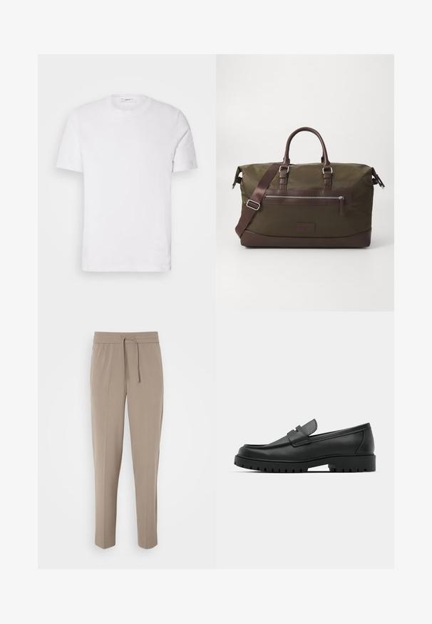 Witte katoenen t-shirt met een ronde hals en korte mouwen. Voorzien van een subtiele merklogo op de voorkant, een gladde textuur en een klassieke pasvorm.; Lichtbeige broeken met een elastische tailleband, verstelbare koord en taps toelopende pijpen. De stof lijkt glad met een lichte glans.; Zwarte leren instappers met een ronde neus, voorzien van een gestikt ontwerp, een lage platformzool en een gestructureerde, grof rubberen buitenzool.; Canvas reistas in olijfgroen met bruine leren accenten, voorzien van dubbele handgrepen, een afneembare schouderriem en een voorzak met rits.