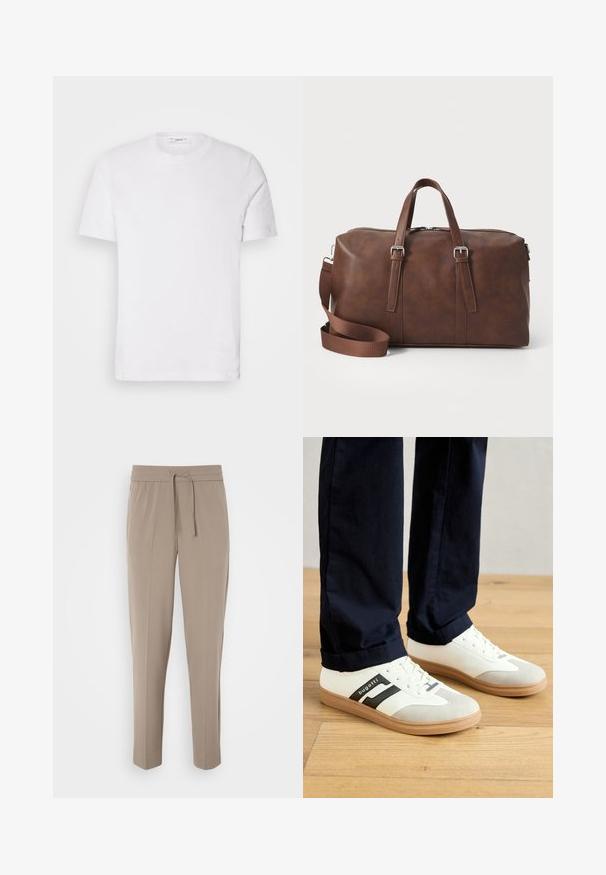 Fehér pamut póló, kerek nyakkivágással és rövid ujjal. Az elején egy diszkrét márkabolt logo található, sima tapintású és klasszikus szabású.; Világos bézs nadrág, rugalmas derékkal, állítható húzózsinórral és tapered lábakkal. Az anyag simának tűnik, enyhe fénylással.; Fehér és szürke sportcipők fekete csíkokkal, bőrből készültek, gumitalppal és lapos fűzővel. Tengerészkék nadrággal viselik egy fa padlón.; Barna bőr sporttáska tetején lévő fogantyúkkal, levehető pánttal, cipzáros záródással és sima textúrával. Minimalista dizájn, látható logók nélkül.