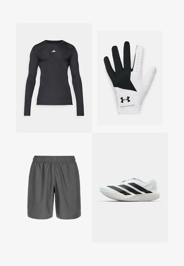Musta pitkähihainen urheilupaita, joka on valmistettu sileästä, joustavasta materiaalista. Paita on varustettu pyöreällä pääntielle ja sen rinnassa on hillitty valkoinen logo.; Harmaat urheilushortsit, joissa on joustava vyötärö, sileä rakenne ja löysä istuvuus. Sivutasku ja minimaalinen brändäys alalevyn alueella.; Kevyt juoksukengät vaaleansinisinä mustilla raidoilla. Ominaisuuksiin kuuluu sileä pinta, pyöreä kärki ja paksu valkoinen välipohja, joka on merkitty "LIGHTSTRIKE PRO".; Valkoinen ja musta urheiluhanska, jossa on sileä nahkainen kämmen, teksturoitu musta synteettinen takapuoli ja pieni logo-ompelu ranteessa.