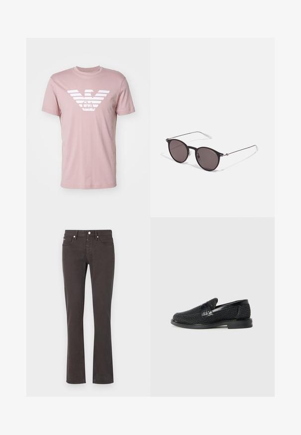 Emporio Armani Apdrukāts T-krekls - fawn; Melnas izplestās džinsu bikses, kas izgatavotas no kokvilnas un sintētisko šķiedru maisījuma. Iekļauj piecas kabatas, josta cilpas un metāla detaļas. Gluda tekstūra ar nelielu stiepšanos.; Melnas austas slaidu kurpes ar gludu ādas akcentu augšpusē, apaļas formas purngalu un zemas profila gumijas zoli.; Melni apaļi saulesbrilles ar tumšiem lēca un plānām metāla stangām. Iekļautas caurspīdīgas tempļu galviņas un sudraba akcenti pie eņģes. Minimalistisks dizains.