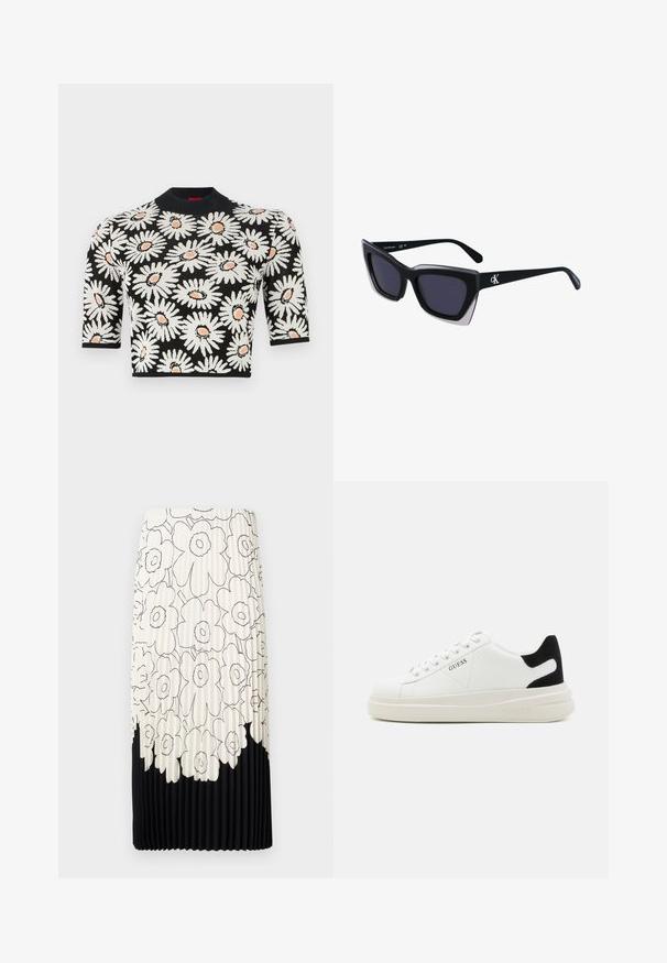 Top de punto con fondo negro, adornado con margaritas blancas y centros naranjas. Manga corta y cuello redondo. Tela texturizada.; Falda plisada con un patrón floral en blanco y negro, con una parte superior clara adornada con flores y un dobladillo inferior negro sólido.; Zapatillas blancas de cuero con una suela blanca gruesa, acento en el talón de ante negro y logo grabado en el lateral. Diseño de cordones con seis ojales.; Gafas de sol negras de gran tamaño con una forma geométrica, que presentan lentes oscuros y un detalle gris contrastante en la montura. Logo en la pata.