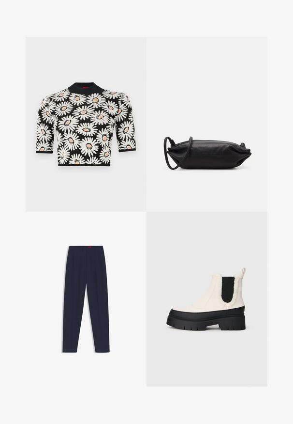 Striktrøje med sort baggrund, prydet med hvide margueritter og orange midterdele. Korte ærmer og rund halsudskæring. Struktureret stof.; Mørkeblå skræddersyede bukser med en glat tekstur, der har forkantede folder og sidelommer. Lige ben design uden synlige udsmykninger.; Kraftige platform ankelstøvler med en hvid overdel, sort gummisål og kontrasterende sorte elastiske sidestykker. Faux fur kant øverst.; Sort læder clutch taske med rektangulær form, glat tekstur, tynd skulderrem og minimalistisk design.
