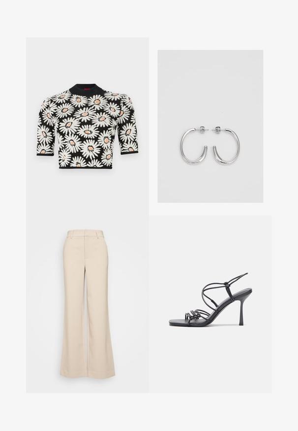 Knit top with a black background, featuring white daisies and orange centers. Short sleeves and a round neckline. Textured fabric.; Beige wide-leg trousers with a smooth texture, featuring a high waistband and two front pockets. Clean design with a tailored fit.; Black high-heeled sandals feature thin straps with a knotted design, a smooth square toe, and a sleek stiletto heel.; Silver hoop earrings with a smooth, shiny finish. Rounded shape, lightweight design, featuring a post-back closure.