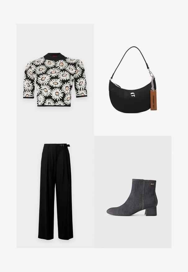 Strikket topp med svart bakgrunn, som har hvite prestekrager med oransje midte. Korte ermer og rund halslinje. Teksturert stoff.; Svarte vide bukser med høy livlinje, folder foran og belte med spenne. Laget av glatt, lett materiale.; Mørke denim ankelstøvletter med spiss tå, blokkhæl, synlig søm og en subtil merkevarelogo på siden. Glatt tekstur.; Svart skinnveske med pebble-tekstur, buet form, glidelås på toppen, sølvfarget hardware og en brun etikett. Inkluderer logo-akkenter.