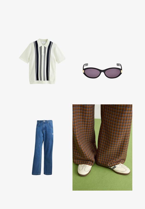 Polo a maniche corte color crema con strisce verticali blu navy, dotato di colletto e abbottonatura a tre bottoni. Tessuto a maglia su tutta la superficie.; Jeans di denim a vita alta e gamba larga blu, con tasche frontali, passanti per cintura, chiusura a bottone e piccolo logo Adidas sulla coscia destra.; Pantaloni a pieghe larghi a quadri marroni e blu abbinati a scarpe bianche con dettagli neri e suole testurizzate, posizionati su uno sfondo verde.; Occhiali da sole a forma di gatto neri con lenti viola. Presentano dettagli in oro vicino alle tempie. Montatura in plastica liscia con una finitura lucida.