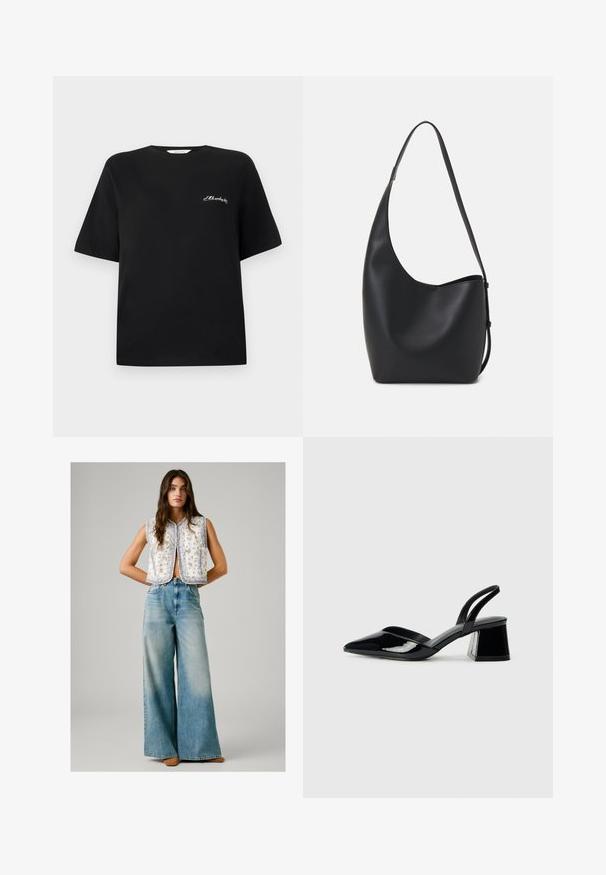 Tricou negru din bumbac, cu mâneci scurte și guler rotund. Prezintă text brodat alb în zona stângă a pieptului. Textură netedă.; Femeie îmbrăcată cu un vestă albă fără mâneci, cu un model floral, asociată cu blugi evazați de culoare albastră deschisă, cu talie înaltă, și pantofi maro, stând cu mâinile încrucișate la spate.; Pantofi cu toc slingback din piele lacuită neagră, cu vârf ascuțit și toc geometric. Prezintă un design elegant, minimalist și o textură netedă.; Geantă hobo din piele neagră, cu o textură netedă, formă curbată și un singur bretele ajustabil; are o deschidere largă în partea de sus.
