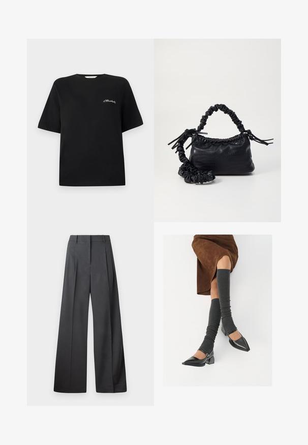 Melnas kokvilnas t-kreklis ar īsām piedurknēm un apaļu kakla izgriezumu. Ar baltu izšuvumu kreisajā krūšu daļā. Gluda tekstūra.; Platās kājas bikses tumši pelēkā audumā, ar augstu jostasvietu, ar vienu uzpūstu vīli un gludu tekstūru ar tīru apdari ap malām.; Melnas laka ādas apavi ar norādītu purngalu, blokveida papēdi un potīšu jostu, saskaņoti ar pelēkām ribotām kāju sildītājām un brūnu zamšādas svārku.; Melnā mākslīgās ādas rokassoma ar krokodila rakstu, savilkta augšdaļa un saburzīta siksna. Izskatās mīksta un kompakta pēc dizaina.