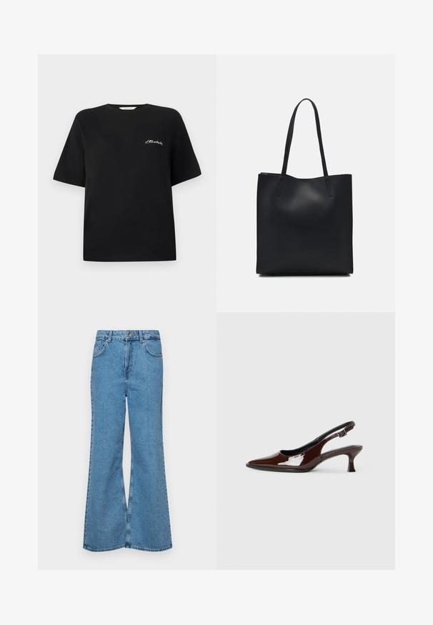 Black cotton t-shirt with short sleeves and a crew neck. Features white embroidered text on the left chest area. Smooth texture.; Light blue flared jeans made of denim, featuring a high waist, five pockets, and a single button closure. Soft texture with faded finish.; Brown patent leather slingback shoe with a pointed toe and a moderate heel. Features a buckle strap for secure fit. Smooth texture.; Black leather tote bag with smooth texture, rectangular shape, and two long handles. No visible hardware or embellishments.