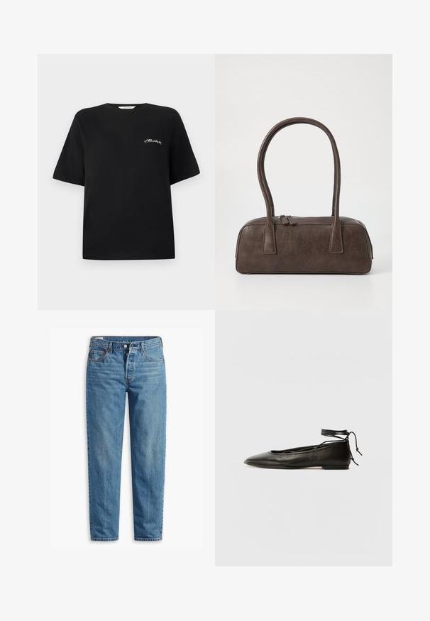 Sort bomulds t-shirt med korte ærmer og rund hals. Have hvid broderet tekst på venstre brystområde. Glat tekstur.; Blå denimjeans med lige ben, der har lynlås i gylpen, to forlommer og subtil falming over stoffet.; Sorte læder ballerinaer med spids tå, ankelbinding og flad sål, der har en glat tekstur og minimalistisk design.; Brun lædertaske med to robuste håndtag, rektangulær form, glat tekstur og lynlås lukning. Minimalistisk design uden synlige mønstre.