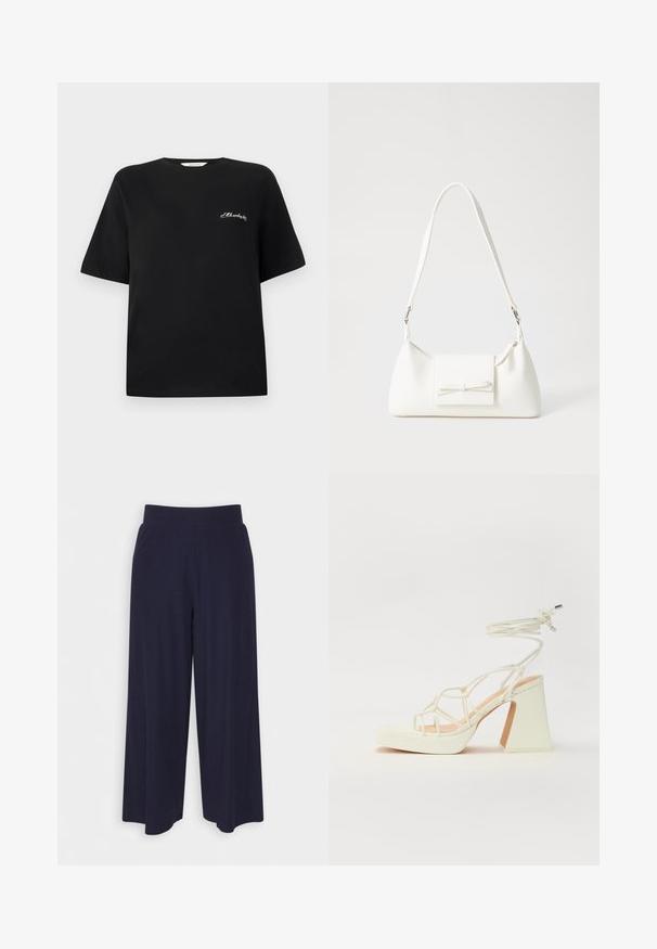 Schwarzes Baumwoll-T-Shirt mit kurzen Ärmeln und Rundhalsausschnitt. Verfügt über weiße gestickte Schrift im Bereich der linken Brust. Glatte Textur.; Weit geschnittene Hosen aus dunkelnavy Stoff mit strukturiertem Rippendesign. Merkmale sind ein glatter Hosenbund und eine luftige Silhouette, die bis zur Mitte der Wade reicht.; Weiße High-Heel-Sandale mit einem klobigen Absatz, die über ein Riemchendesign und ein Knöchelband verfügt. Glatte Textur mit einer Plattform vorne für zusätzliche Höhe.; Weiße synthetische Handtasche in dreieckiger Form, flache Vorderklappe und Schleifendetail, verstellbarer Trageriemen, glatte Textur und minimalistisches Design.