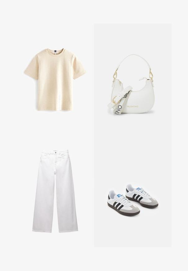 Beige kortärmad t-shirt i mjuk bomull, med rund halsringning och en avslappnad passform med subtila texturer.; Vita vida byxor i jeansmaterial. Har knäppning i midjan, fram- och bakfickor samt stickade sömmar. Slät yta med minimala detaljer.; Sportskor med överdel i vit läder, grå mocka på tårna och tre svarta ränder. Har en blå logotyp på tungan och en texturerad gummisula.; Vit handväska med en böjd silhuett, texturerat läder, guldhardware och en avtagbar rem med en logotyp och spänningsdetalj.