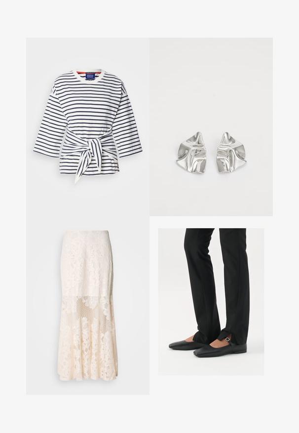 Raidallinen, kevyt paita valkoisena ja laivastonsinisenä, jossa on kolmanneksittain pitkät hihat ja sidottu vyötäröyksityiskohta. Puuvillakangasta, jossa on pyöreä kaula-aukko.; Kermakuvioinen midi-hame; siinä on kerroksellinen rakenne, läpinäkyviä osia, teksturoitua pitsiä ja levenevä helma.; Musta nahkakengät balettityylillä, kärjessä terävä muoto, hihna hopeasoljella, yhdistetty mustiin räätälöityihin housuihin, joissa on halkiohelma.; Hopeakauppaketju, jossa on aaltoileva, veistoksellinen muotoilu ja kiiltävä pinta, esittelee epäsäännöllisiä muotoja, korostaen nykyaikaista estetiikkaa.