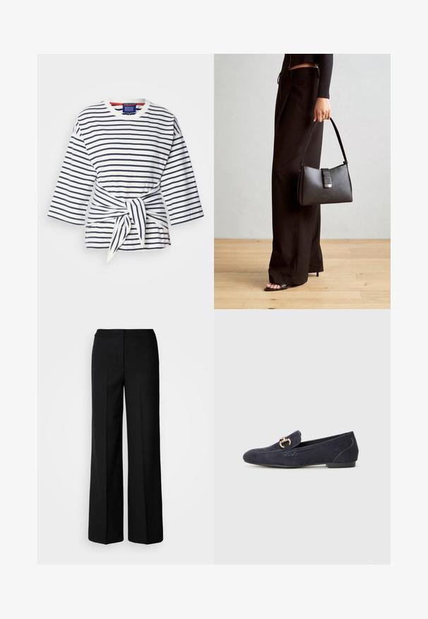 Striped, lightweight shirt in white and navy with three-quarter sleeves and a tied waist detail. Cotton fabric with a crew neckline.; Black wide-leg trousers with a smooth fabric, featuring a high waist, tailored seams, and a minimalist design. No visible hardware or pockets.; Navy blue suede loafer with a rounded toe, featuring a decorative metal chain accent and a low heel with contrasting stitching details.; Black handbag with structured shape, smooth texture, and a metallic clasp. Paired with wide black pants and open-toe sandals on wooden floor.