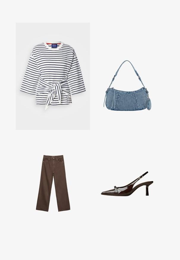 Prugasta, lagana košulja u bijeloj i tamnoplavoj boji s rukavima do tri četvrtine i detaljem vezanja u struku. Pamuk, okrugli izrez.; Proširene smeđe traperice od denima, s visokim strukom, prednjim džepovima i klasičnom kopčom na dugme. Glatka tekstura s suptilnim šavovima.; Smeđe lakirane slingback cipele s upPointom, niskom petom i dekorativnom mašnom sprijeda. Glatka, sjajna tekstura.; Denimska torba s zakrivljenim oblikom, svijetloplave boje, podesivim remenom za rame i malim odvojivim džepom s metalnim akcentima.