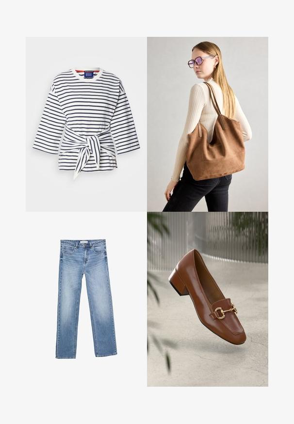 Prugasta, lahka srajca v beli in mornarski modri barvi s tremi četrtinami rokavi in detajlom z vezanjem v pasu. Bombažna tkanina z okroglim izrezom.; Modre kavbojke ravnega kroja, z blagim pranjjem, petimi žepi in klasičnim gumbom. Iz bombažnega materiala z opaznim šivom.; Rjavi lakirani loafer z kvadratnim nosom, kovinsko verigo kot okrasom in nizko blok podplatom; gladka tekstura, minimalističen dizajn.; Rjava semišna torba z mehko teksturo, velikim odprtjem in dolgimi ročaji. Ima preprost dizajn z vidnim šivanjem in brez okovja.