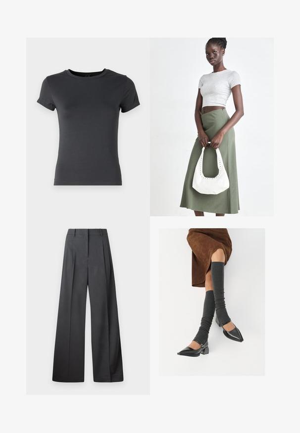 Camiseta de manga corta gris oscuro, hecha de una suave tela de algodón, con cuello redondo y una silueta ajustada, con un acabado limpio en el dobladillo.; Pantalones de pierna ancha en tejido gris oscuro, con una cintura alta, pliegues simples y una textura suave con un acabado limpio en los dobladillos.; Zapatos de charol negros con punta afilada, tacón bloque y tira de tobillo, combinados con calentadores de piernas de canalé grises y una falda de ante marrón.; Top corto de canalé gris y falda de tiro alto verde oliva. La modelo sostiene un bolso de hombro blanco con detalles recortados. Diseño simple, silueta ajustada.