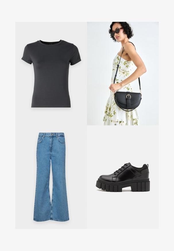 Camisa de t-shirt de manga curta, cor cinza escuro, feita de tecido de algodão suave, com um decote redondo e uma silhueta ajustada, com um acabamento limpo na bainha.; Jeans de brim azuis claros, com corte à boca de sino, apresentando uma cintura alta, cinco bolsos e um fecho de botão único. Textura macia com acabamento desbotado.; Sapatos de plataforma em couro preto com um salto bloco robusto, bico redondo e design clássico de atacadores. Apresentam uma textura suave e detalhes mínimos.; Bolsa de couro preta com forma curva, alça destacável e detalhes em dourado. A bolsa possui uma aba com detalhe de fivela.