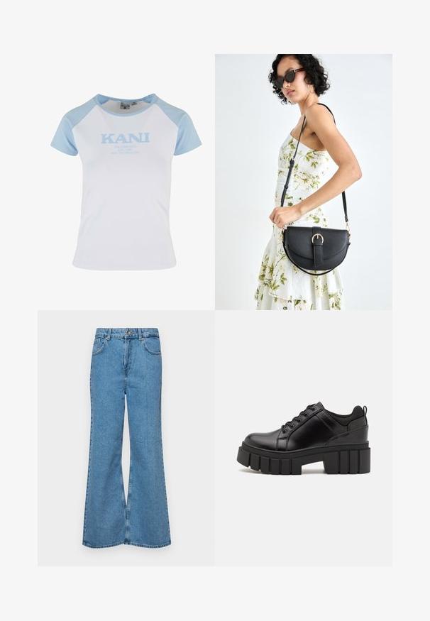 Balts T-krekls ar gaiši ziliem raglanu piedurknēm, ar "KANI" logo gaiši zilos burtos un standarta apaļu kakla izgriezumu. Mīksta, gluda auduma.; Gaiši zili, platā piegriezuma džinsi, kas izgatavoti no denima, ar augstu jostasvietu, piecām kabatām un vienu pogu. Mīksta tekstūra ar nolietotu apdari.; Melnas ādas platformas kurpes ar masīvu bloku papēdi, apaļu purngalu un tradicionālu saistīšanas dizainu. Izceļas ar gludu tekstūru un minimālu apdari.; Melnas ādas rokassoma ar izliekta formu, noņemamu siksnu un zelta aksesuāriem. Somai ir vāciņš ar sprādzes detaļu.