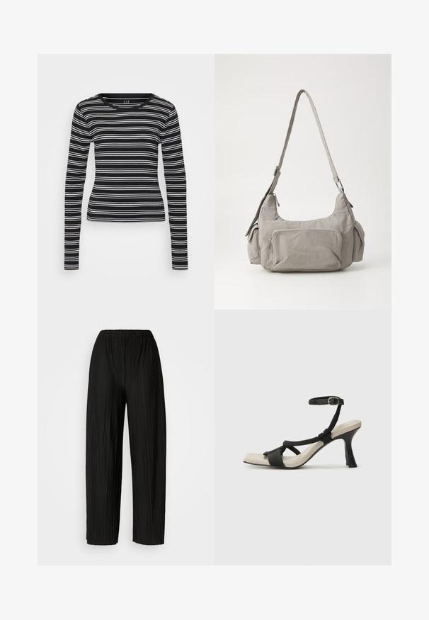 Svart langermet skjorte med hvite horisontale striper, ribbet tekstur og rund halslinning. Tilpasset design med rett kant.; Svart, pregede bukser med løs midje som har bred benvidde. Stoffet har vertikale folder og en glatt tekstur.; Sorte helårs sandaler med flettet stroppesdesign, firkantet tå og justerbar ankelrem. Lys beige fotseng med glanset svart hæl.; Grå tekstil skulderveske med to sidelommer, en frontlomme med glidelås, og et bredt justerbart bånd. Enkel, funksjonell design.