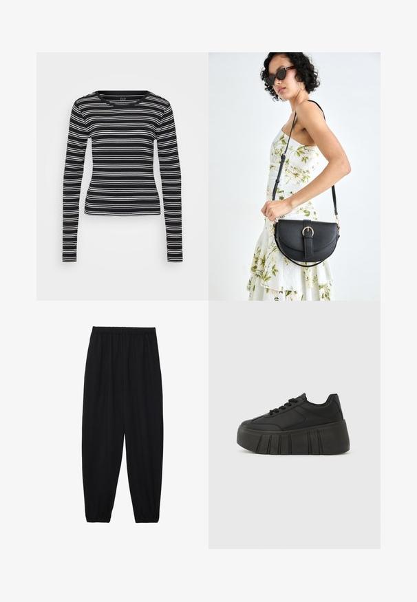 Crna majica dugih rukava s bijelim horizontalnim prugama, rebrastom teksturom i okruglim izrezom. Prilagođen dizajn s ravnim rubom.; Crne, lagane hlače s elastičnom stražnjom pasicom i naboranim gležnjevima. Tkanina je glatka i ima opušteni, suženi dizajn.; Crne platforme tenisice s glatkim sintetičkim gornjim dijelom, zaobljenim vrhom, vezicama i debelim, rebrastim potplatom za dodatnu visinu.; Crna kožna torba s lukovitim oblikom, odvojivim remenom i zlatnim detaljima. Torba ima preklop s kopčom.