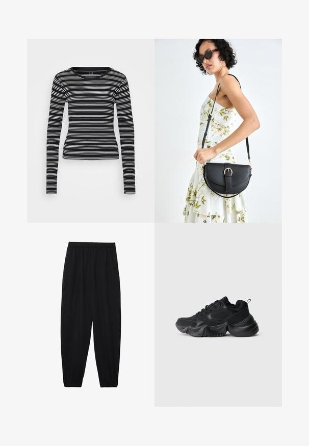 Crna majica dugih rukava s bijelim horizontalnim prugama, rebrastom teksturom i okruglim izrezom. Prilagođen dizajn s ravnim rubom.; Crne, lagane hlače s elastičnom stražnjom pasicom i naboranim gležnjevima. Tkanina je glatka i ima opušteni, suženi dizajn.; Crne tenisice s mješavinom glatkih i teksturiranih materijala, debelim potplatima, zaobljenim oblikom i dekorativnim šavovima. Imaju mekani, plišani rub.; Crna kožna torba s lukovitim oblikom, odvojivim remenom i zlatnim detaljima. Torba ima preklop s kopčom.