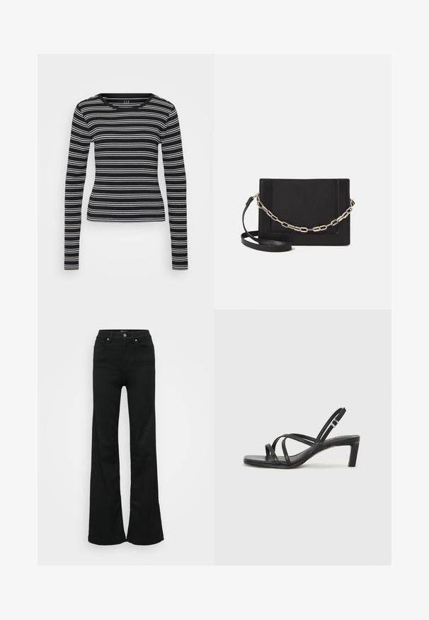 Black long-sleeve shirt with white horizontal stripes, ribbed texture, and a round neckline. Fitted design with a straight hem.; Black flared jeans made from denim, featuring a high waist, five pockets, and metal button closure. Smooth texture with minimal detailing.; Black strappy sandal with a square toe and a low block heel. Features multiple thin straps and an adjustable ankle strap. Made of smooth leather.; Black leather crossbody bag featuring a smooth texture, rectangular shape, and a metallic chain detail on the front. Adjustable strap included.