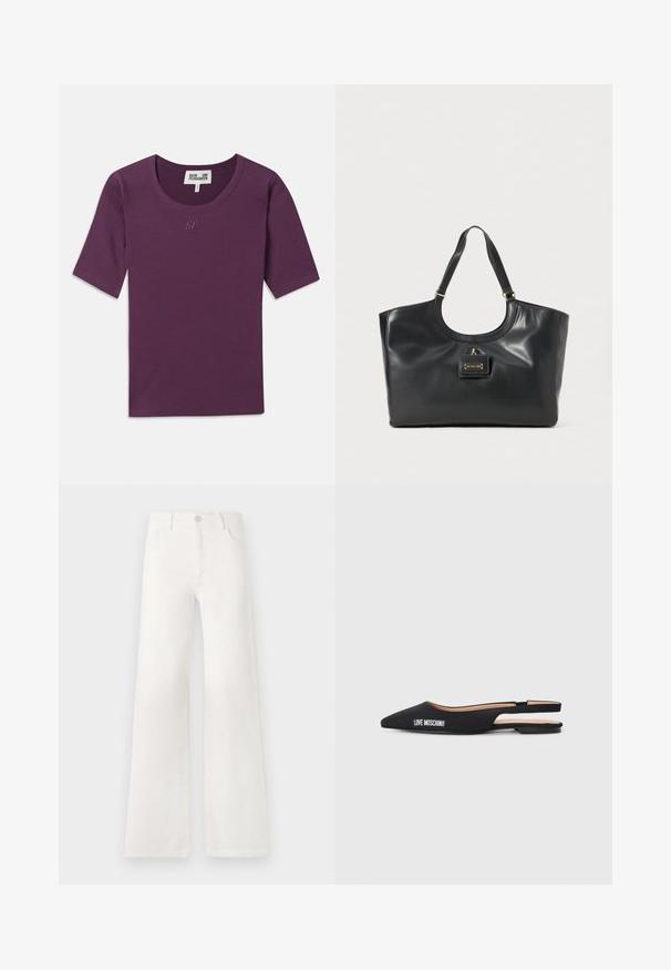 T-shirt roxo com riscas, decote redondo, mangas curtas e um discreto logo "BP" em fio combinado no peito.; Jeans brancos, de cintura alta e pernas largas, feitos de denim. Apresentam um fecho de botão, dois bolsos frontais e costuras detalhadas nas laterais.; Sapatilhas slingback pretas com biqueira pontiaguda, feitas de material suave. Apresentam a marcação em branco "LOVE MOSCHINO" e um design minimalista.; Bolsa tote em couro preto com um acabamento brilhante, topo curvado, duas alças para o ombro e um detalhe em metal dourado na frente.