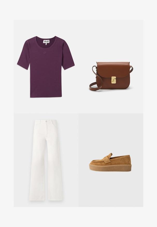 Lila bordás póló kerek nyakkivágással, rövid ujjakkal, és egy észrevétlen „BP” logóval, amely azonos fonallal van hímzett a mellkason.; Fehér, magas derekú, bő szabású farmernadrág. Gombos záródással, két elülső zsebbel és oldalsó varrásokkal rendelkezik, amelyek varrási részleteket tartalmaznak.; Barna velúr lódon, kerek orral, bordázott platform talppal és díszes pánttal a felső részen.; Barna bőr kézitáska, hajtókás zárással, arany színű fém kiegészítőkkel, vállpánttal és sima felülettel. Kompakt téglalap alakú.